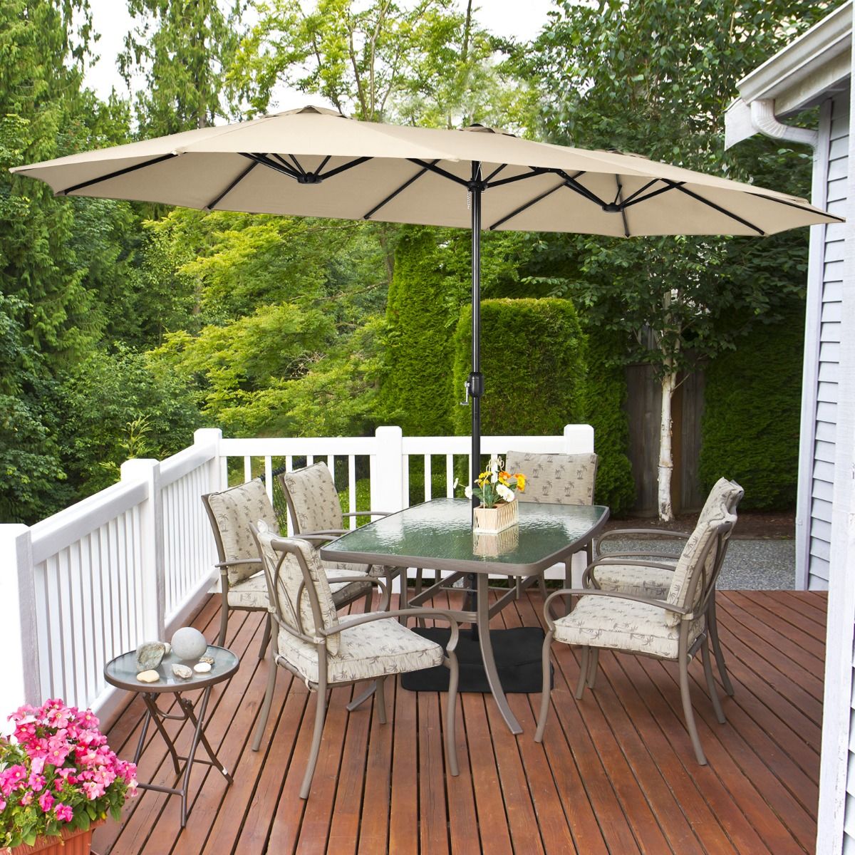 Parasol double de terrasse Coast avec pied - Ombre XXL - Mécanisme à manivelle - Beige 451,5 x 264 cm