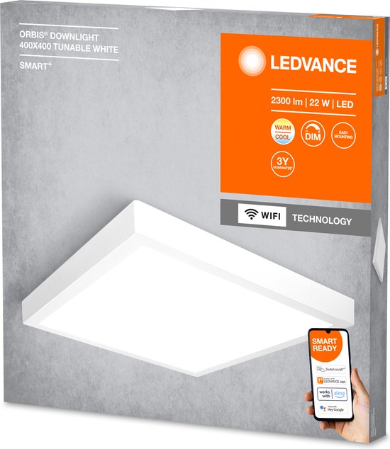 LEDVANCE Luminaire : pour plafond, SMART SURFACE DOWNLIGHT TW / 22 W, 22-...24- V, angle de rayonnement : 11-, Tunable White, 3-65- K, matériau du corps : aluminium, IP2-