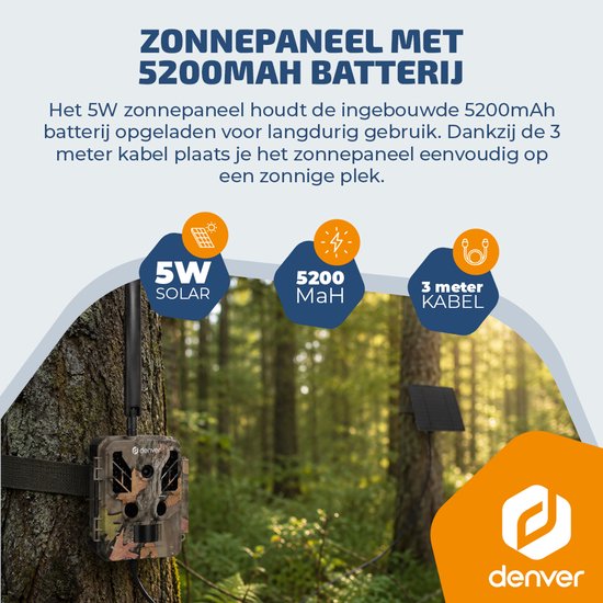 Caméra de surveillance Denver avec vision nocturne et connexion 4G - Diffusion en direct - Vidéo 4K Ultra HD - 48 MP - Alimentation solaire - Application TrailCam Go - WSL8050