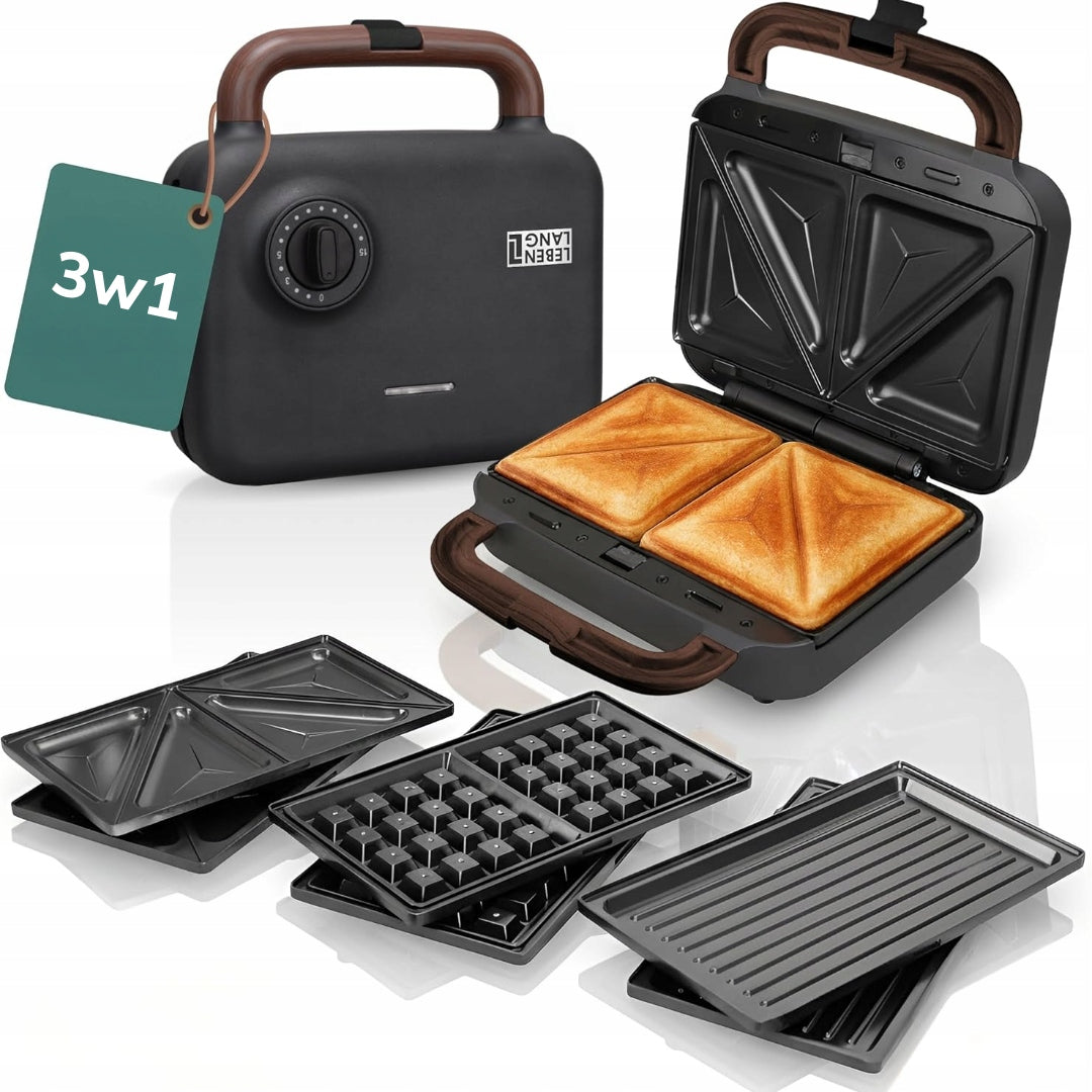 Appareil à sandwich 3-en-1 Lebenlang - Appareil à croque-monsieur - Gaufrier - Gril de table - 750 W