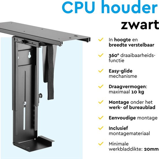 BRASQ Universal CPU Holder Black - Support CPU réglable - Gestion des câbles - Rotation à 360 degrés - Capacité 10 KG