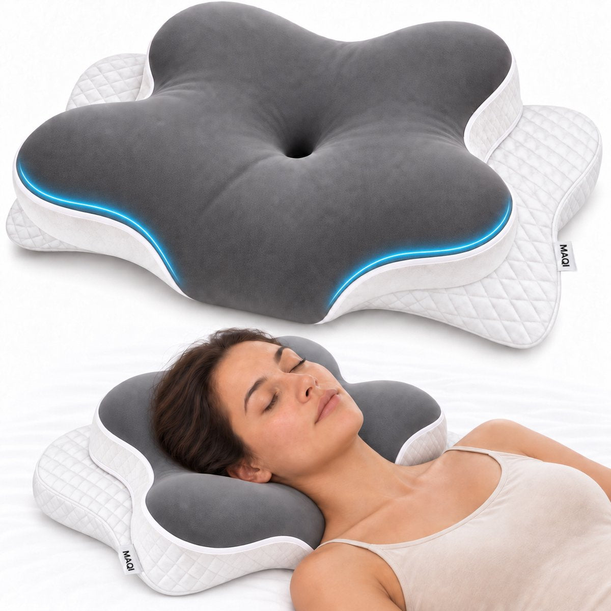 Oreiller ergonomique Maqi Living en mousse à mémoire de forme - Soutien de la nuque à 2 hauteurs - Pour les personnes dormant sur le dos, sur le côté ou sur le ventre - 68 x 45 cm - Blanc