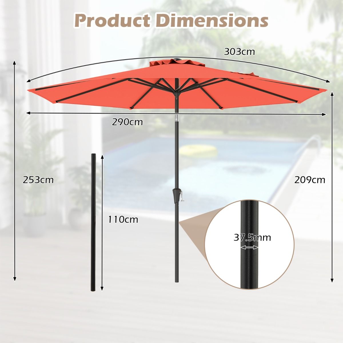 Coast 303x253 cm Parasol de Terrasse Orange - Parasol inclinable avec manivelle et 8 balanciers pour jardin, terrasse et piscine