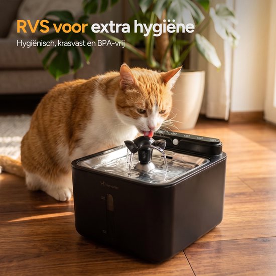 Viervoeter® Fontaine à eau sans fil en acier inoxydable - Fontaine à eau à capteur pour chats et chiens - 3 filtres inclus - 3,2 L - Autonomie de la batterie : 30 jours - Silencieuse