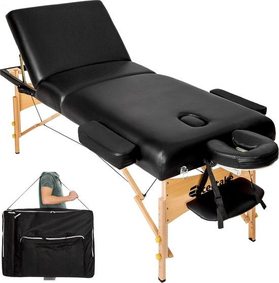 tectake® - Table de massage avec matelas de 10 cm de haut + sac de transport - rembourrage extra épais, revêtement en vinyle résistant à l'eau et à l'huile, design pliable, sac de rangement inclus, idéal pour salon, tatouage, thérapie - noir