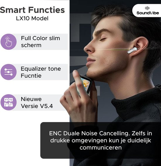 SoundVibe® - Earbuds Wireless With Noice Cancelling - White - Bluetooth Earbuds - Noice Cancelling Headphones - LX-10 Earpods with Screen - Works With Apple And Android - Earpods USB C - Wireless Earphons - Earphones Wireless