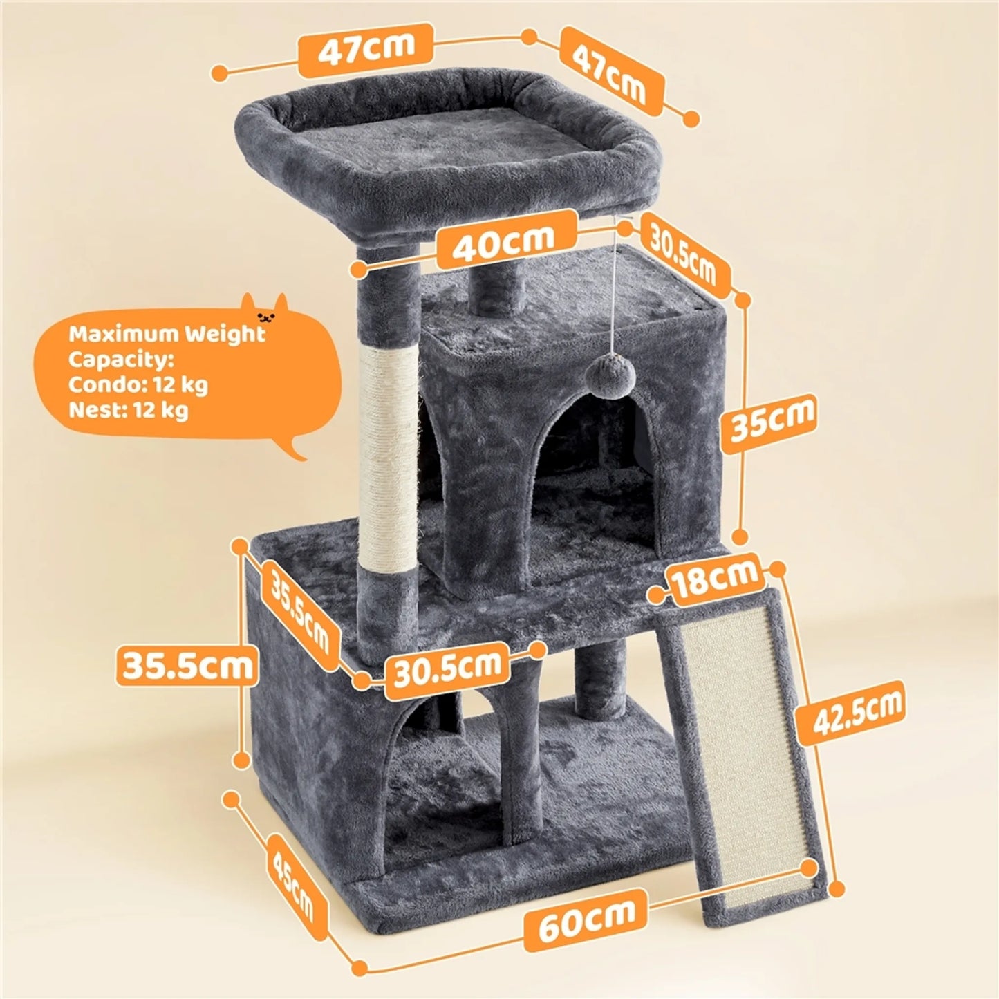 Yaheetech Cat Post With Two Cat Houses - Equipped With Viewing Platform And Scratching Board And Sisal Pole And Play Ball - For 1-2 Small To Medium Cats - Dark Grey Plush And Sisal - 60 x 45 x 106 cm
