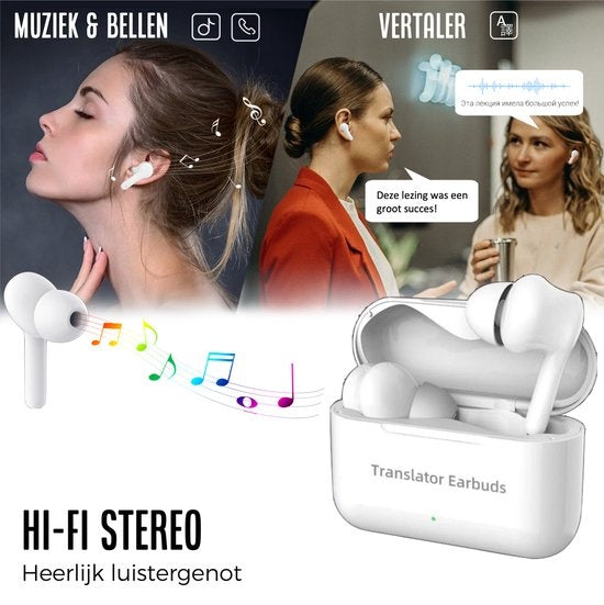 Shine Translation Computer - Appareil de traduction vocale - Ecouteurs sans fil blancs - Ecouteurs avec fonction de traduction - Bluetooth 5.0 - 127 langues et 97% de précision - Batterie de 24 heures