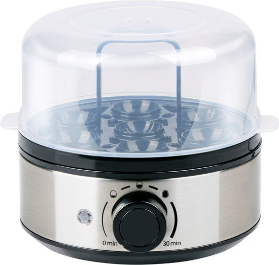 Cuiseur à œufs électrique Alpina 400 W – Cuiseur à œufs avec minuterie pour 7 œufs – Cuiseur à œufs avec gobelet doseur et pic – En acier inoxydable avec support à œufs amovible – Couvercle transparent