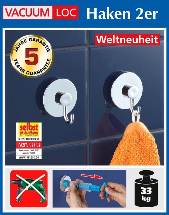 WENKO Vacuum-Loc Crochets pour serviettes, lot de 2, chrome - Crochet mural - Porte-serviettes - Crochets pour serviettes - Fixation sans perçage