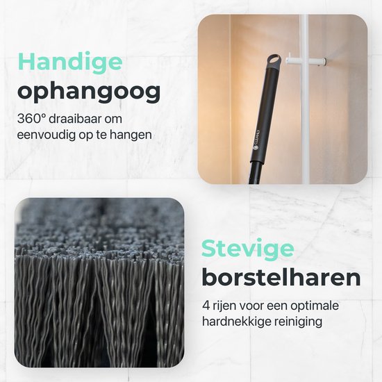 CLEANLY Kit 3 en 1 avec balai à franges sur manche - Brosse de nettoyage - Brosse à récurer - Balai à franges sur manche - Brosse à récurer - Chariot de nettoyage - Réglable de 118 à 150 cm - Noir, Gris