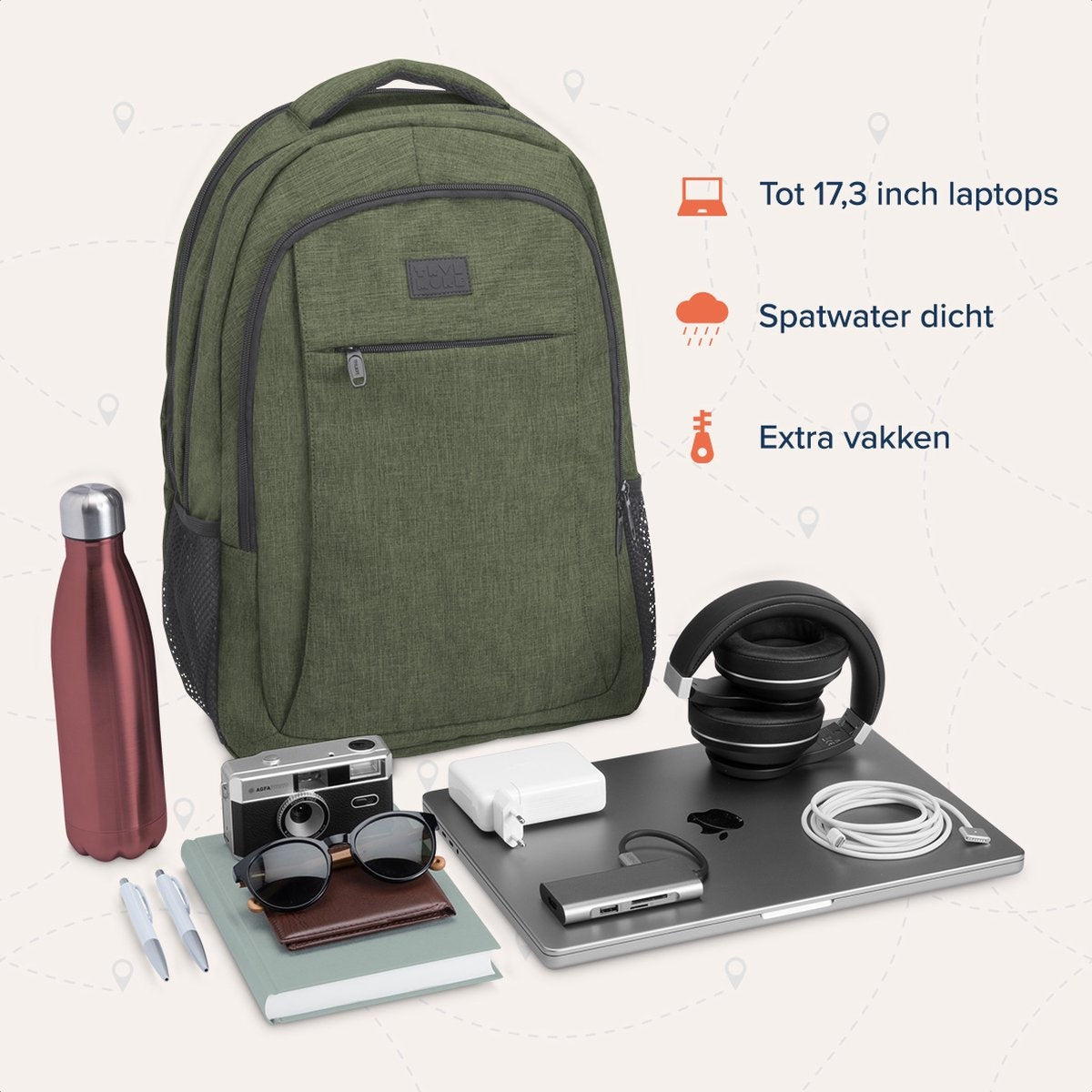 TRVLMORE Sac à dos - 36L - 17.3 inch - Sac à dos pour ordinateur portable - Sac d'école - Unisexe - Vert résistant aux éclaboussures
