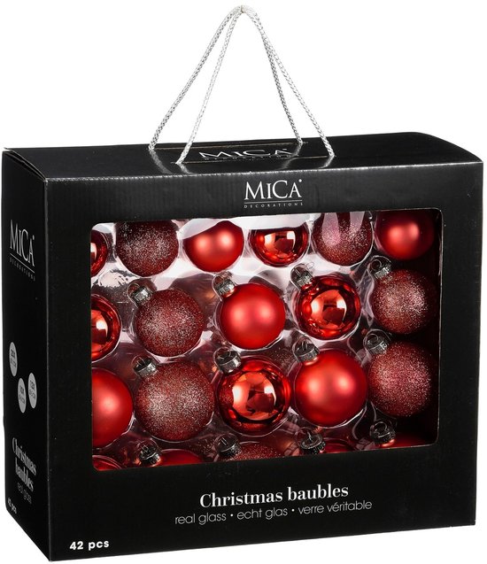 Lot de 42 boules de Noël Mica Decorations - Des boules de Noël pour une base solide - Décorations de Noël mates, brillantes et pailletées - Pics de différentes tailles - Ø 7 cm - Rouge
