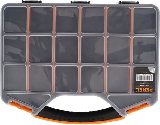 Boîte d'assortiment Perel, max. 20 compartiments, 16 séparateurs, couvercle transparent, empilable, 326 x 257 x 48 mm, jaune/noir