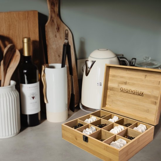 Boîte à thé Grandlux à 12 compartiments – Compartiments spacieux pour Pickwick, Pukka, Twinings, Clipper – 100 % bambou – Rangement pour thé