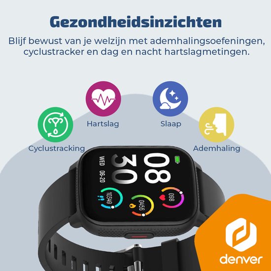 Montre connectée Denver - Android iOS - Notifications - Montre de sport - Cardiofréquencemètre - Oxymètre - Moniteur de sommeil - SWC184B - Noir