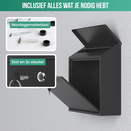Boîte aux lettres Avalo en acier inoxydable noir - Boîte aux lettres murale - avec matériel de montage et 2 clés