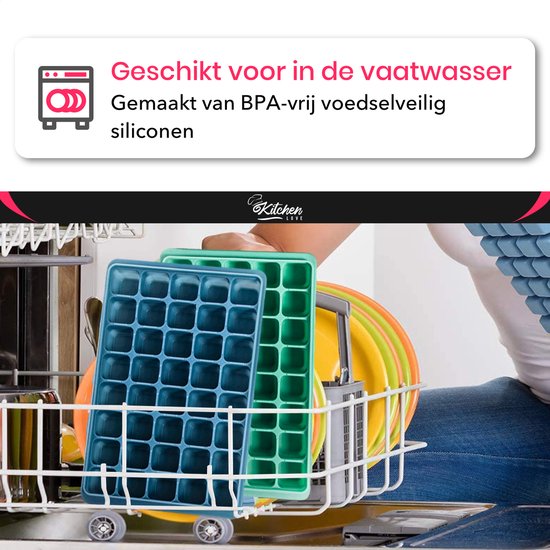 KitchenLove Moule à glaçons en silicone avec couvercle (2 pièces) - 80 glaçons - Carré - Sans BPA - 100% Silicone - Vert & Bleu