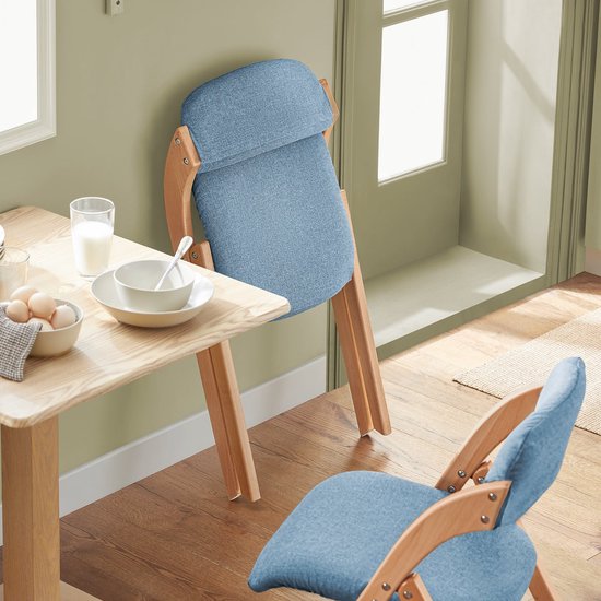 SoBuy Chaise pliante en bois avec coussin d'assise rembourré, chaise de bureau, chaise de salle à manger, Nature/Bleu, 47,5x77x59 cm, FST92-BL - pour salle à manger, balcon ou bureau