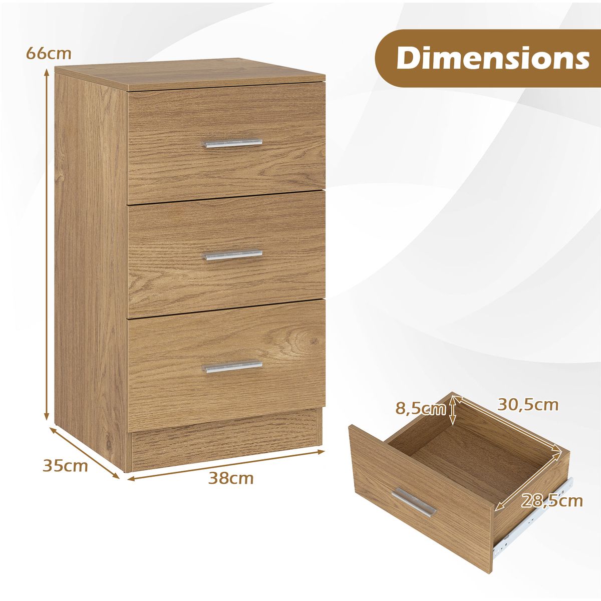 Table de chevet Coast - Commode en bois à 3 tiroirs - Design moderne - Naturel 38 x 35 x 66 cm