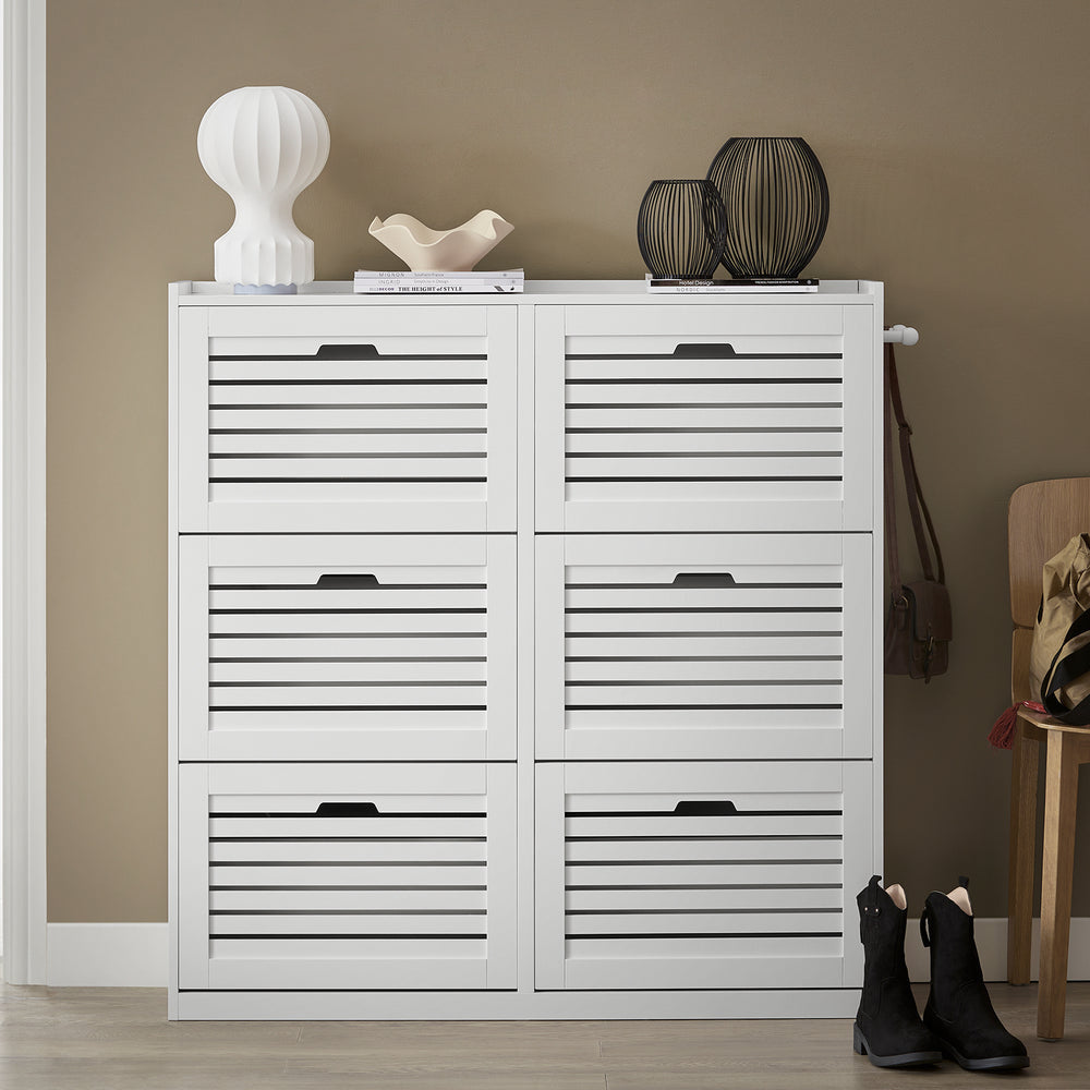 SoBuy FSR145-W Armoire à chaussures avec 6 volets, commode à chaussures avec 2 crochets, étagère à chaussures, boîte à chaussures, armoire d'entrée