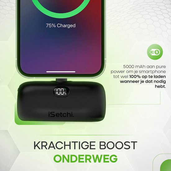 iSetchi Mini Powerbank 5000 mah - Taille compacte - Batterie externe - Câble intégré - Pack d'urgence - Câble Lightning - Affichage LED - Convient à l'iPhone - Noir