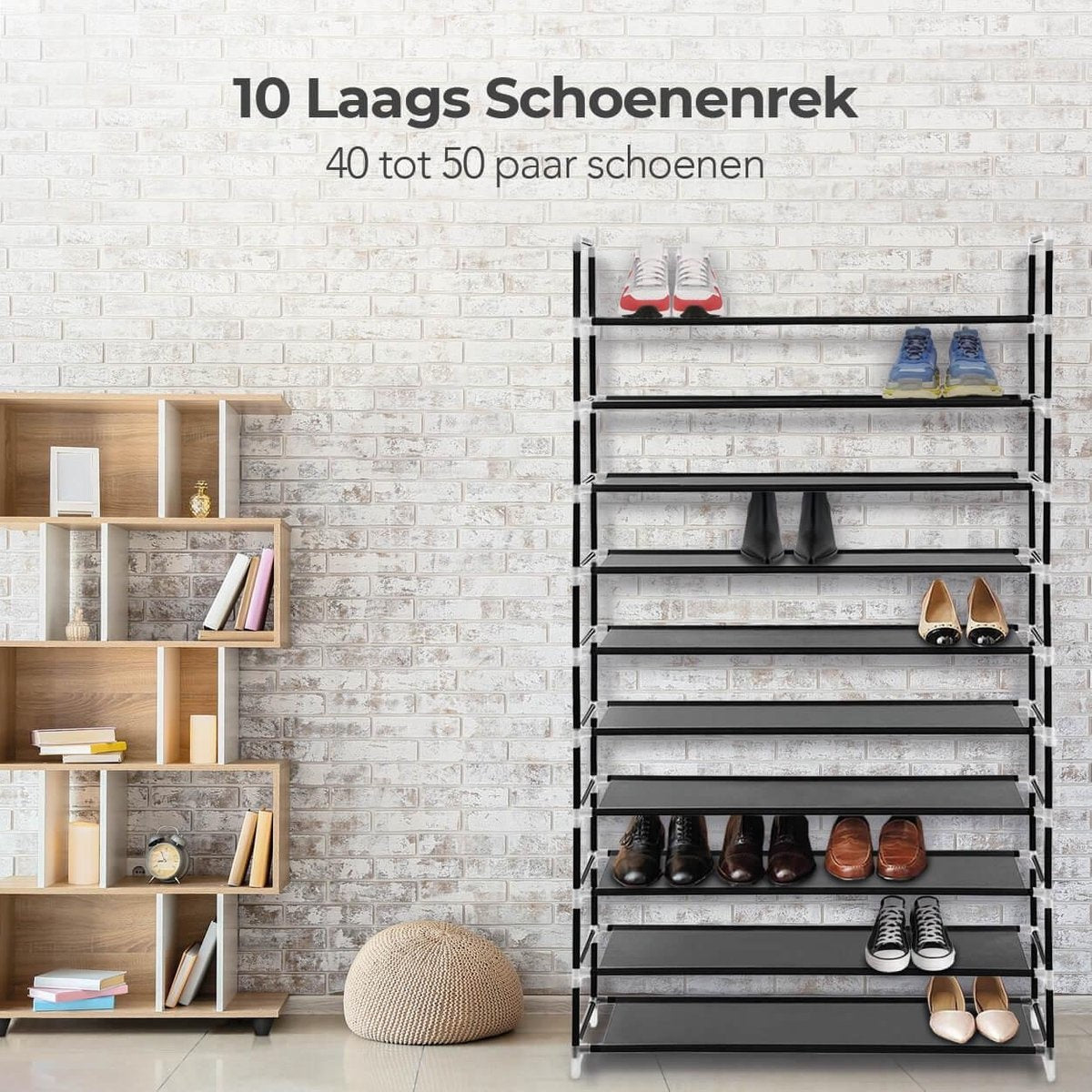 LifeGoods Shoe Rack - XXL - 10 couches - 35 à 40 paires de chaussures - Armoire à chaussures - Plastique - Noir
