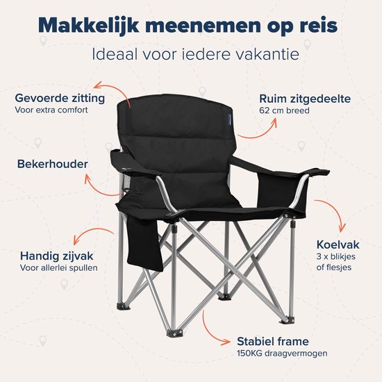 TRVLMORE Chaises de camping - Pliables - 2 pièces - XL - Chaises pliantes - Capacité de charge de 150 kg - Porte-boisson - Compartiment réfrigérant - Poche latérale - Chaise pliante - Noir