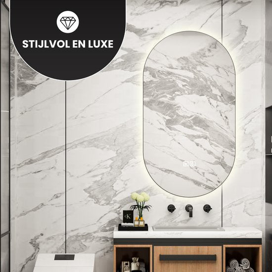 Bayt Miroir de salle de bain - Miroir de salle de bain avec éclairage - Miroir ovale - Miroir mural - 2 niveaux d'éclairage - Anti-buée - 50 x 90 cm
