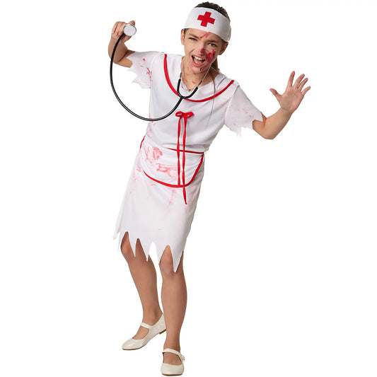 DressForFun : Costume d'infirmière effrayante pour filles – Avec des éclaboussures de sang, des ourlets effilochés et un bandeau « Croix-Rouge » – Pour Halloween et les fêtes d'horreur – Polyester rouge et blanc – Cent quarante-un centimètres
