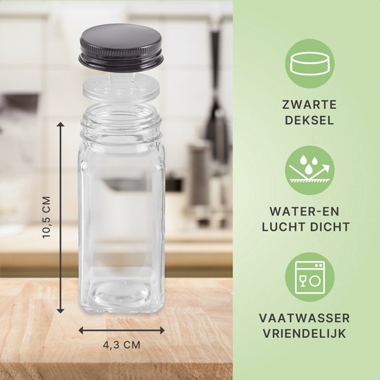 S.old - 24 pots à épices en verre carrés avec couvercle noir - Spice Spreader - Set complet avec couvercles à saupoudrer, autocollants préimprimés et entonnoir - Capacité 120 ml - 10,5 x 4,3 cm