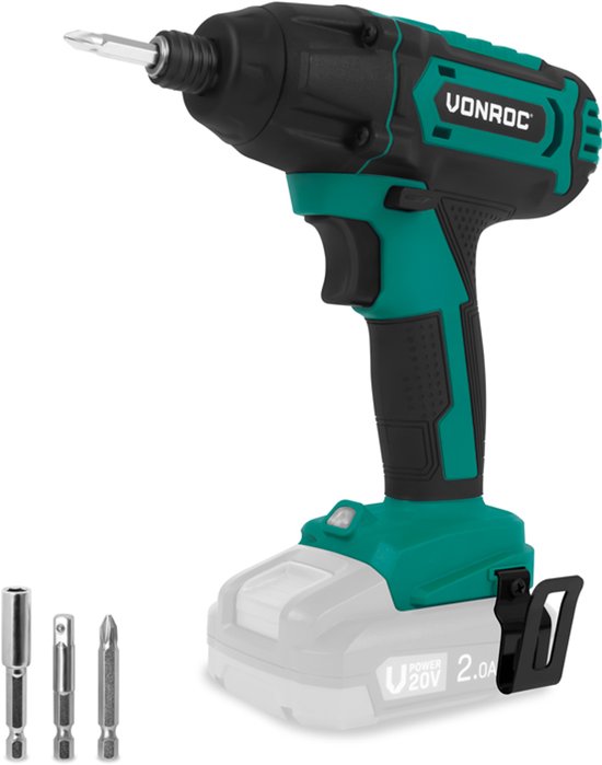 VONROC Accu Visseuse à percussion 20V - 180Nm - Prise : 6,35 mm ¼" - Embouts de vissage, porte-embouts mag-net et porte-capuchon inclus - Batterie et chargeur rapide inclus