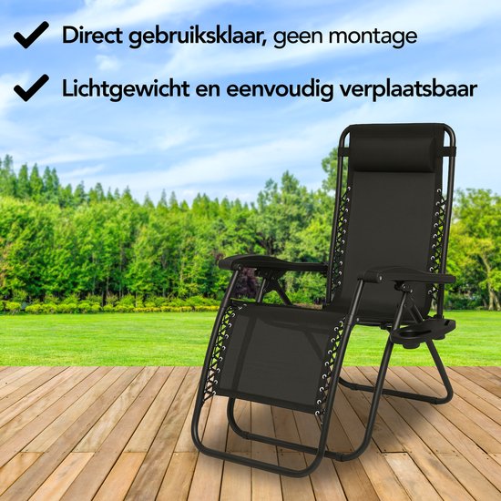 Lot de 2 chaises de jardin pliantes Brixy - Chaises longues - Pliantes - Réglables - Oreiller ergonomique - Métal - Textiline - Noir