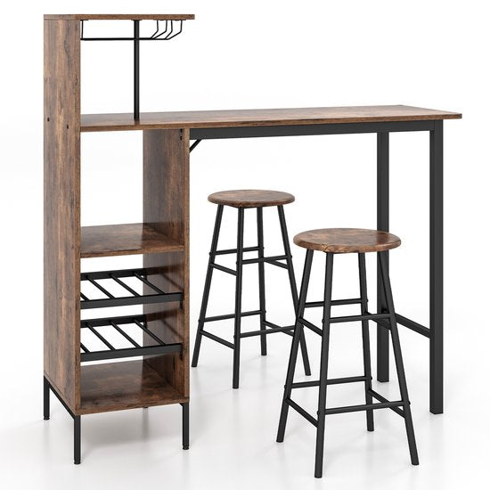 Table de bar Coast avec tabouret de bar, ensemble pour 2 personnes, avec porte-verres à vin et porte-bouteilles, comptoir pour le salon, la salle à manger et la cuisine (couleur café)