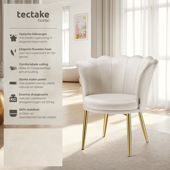 tectake® Fauteuil Stella - Fauteuil baquet avec accoudoirs – Chaise de salle à manger confortable – Chaise de cuisine – Rembourrage épais – Pour le salon et la salle à manger – Avec revêtement en velours - crème/or