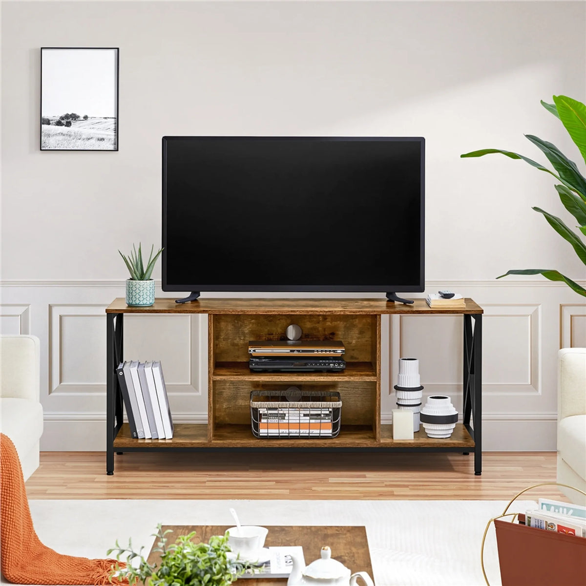 Meuble TV Yaheetech 106 x 40 x 50,5 cm - Brun rouille - Style industriel - Compartiments de rangement ouverts - 40 kg