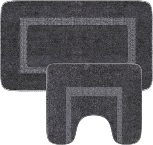 Loti Living Tapis de bain avec tapis de toilette antidérapant - Tapis de douche - Tapis de salle de bain - Tapis de sol - Tapis de bain avec tapis de toilette - Tapis de bain antidérapant - Gris - 50x80 cm + 50x40 cm