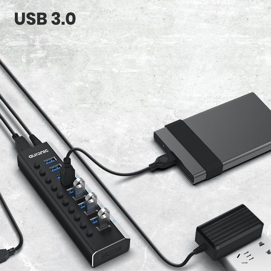 Auronic USB Hub 3.0 - Répartiteur USB avec 10 ports - avec alimentation - 5 GBP - Indication Led - Noir