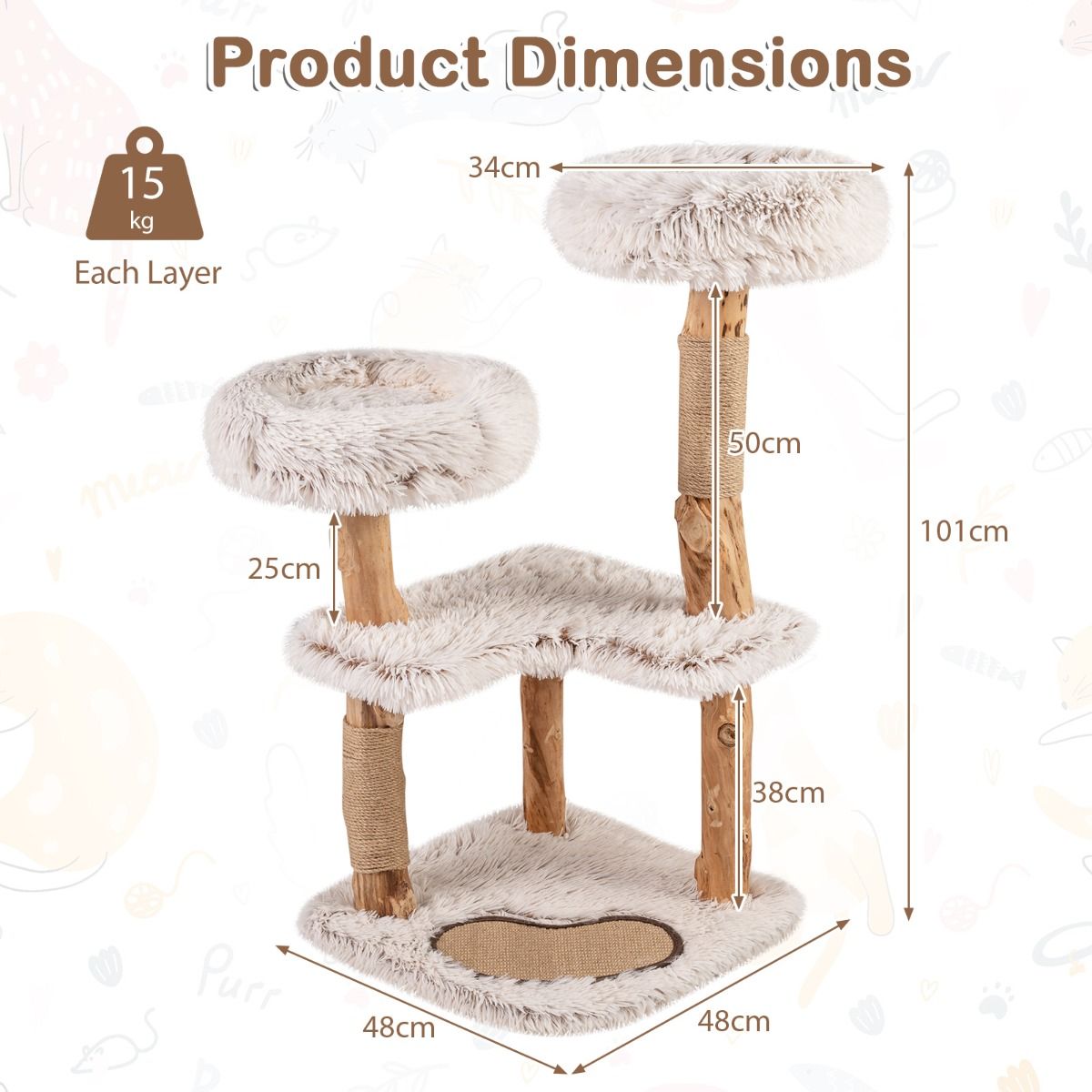 Arbre à griffer Coast en bois massif - avec coussins en peluche - deux poteaux en jute - naturel et blanc - 48 x 48 x 101 cm