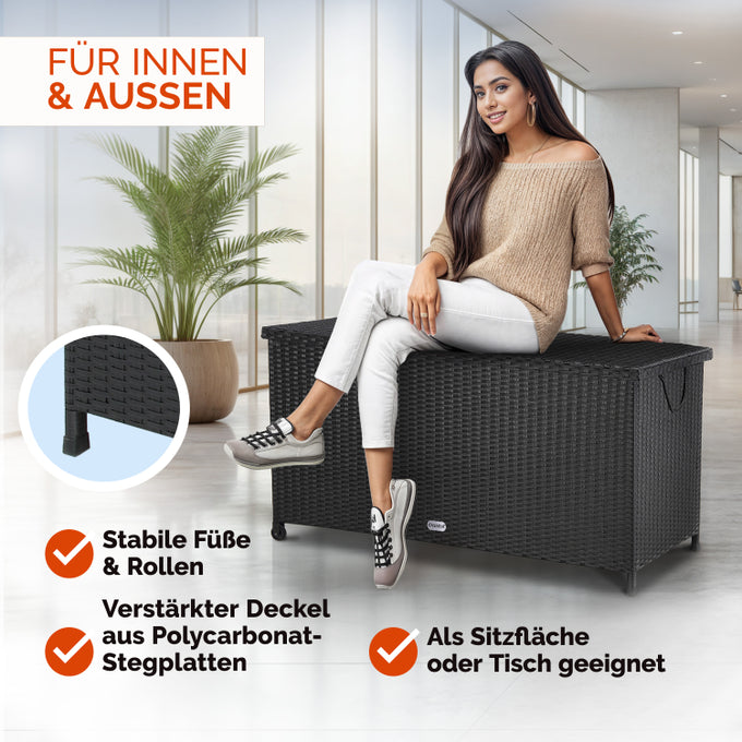 Casaria Polyrotan Cushion Box - équipé de deux ressorts à gaz, d'un revêtement intérieur imperméable et de deux roulettes - pour coussins d'assise et accessoires de jardin - acier laqué noir - cent dix-sept centimètres de long, cinquante-trois centimètres