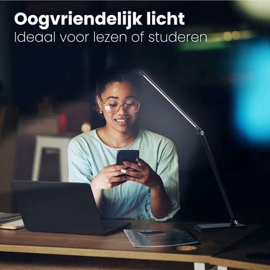 Lampe de bureau Auronic - LED - Chargement mobile USB et sans fil - Minuteur - Lampe à pince dimmable - Lumière blanche et chaude - Noir