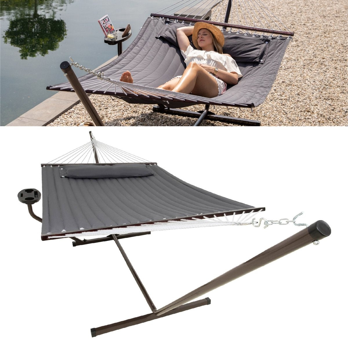 Hamac Vita5 avec support et poteau de déploiement - 2 personnes - avec porte-gobelet - coussin amovible - résistant aux UV - gris foncé