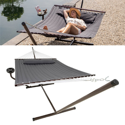 Hamac Vita5 avec support et poteau de déploiement - 2 personnes - avec porte-gobelet - coussin amovible - résistant aux UV - gris foncé