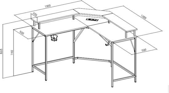 Bureau d'angle - bureau gaming - bureau en L - ports USB et USB-C et prise d'alimentation intégrés dans le plateau - éclairage LED - plateau de 130 x 130 x 50 cm