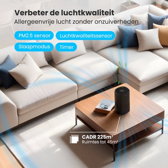 Auronic Air Purifier Fresh - Avec filtre HEPA 13 - 225 m³/h - 45 m² - Filtre à charbon - 3 étapes - Purificateur d'air - Noir