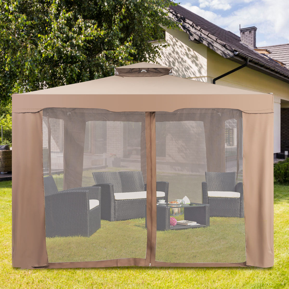 Tonnelle de jardin pliante Coast avec 4 parois latérales - 300x300x265cm - Marron
