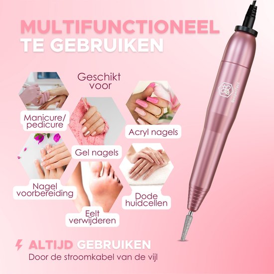 Beeperfect® Lime à ongles électrique - Routeur d'ongles - Ensemble manucure et pédicure - 12 embouts et 60 rouleaux de ponçage - 4 accessoires supplémentaires - Rose