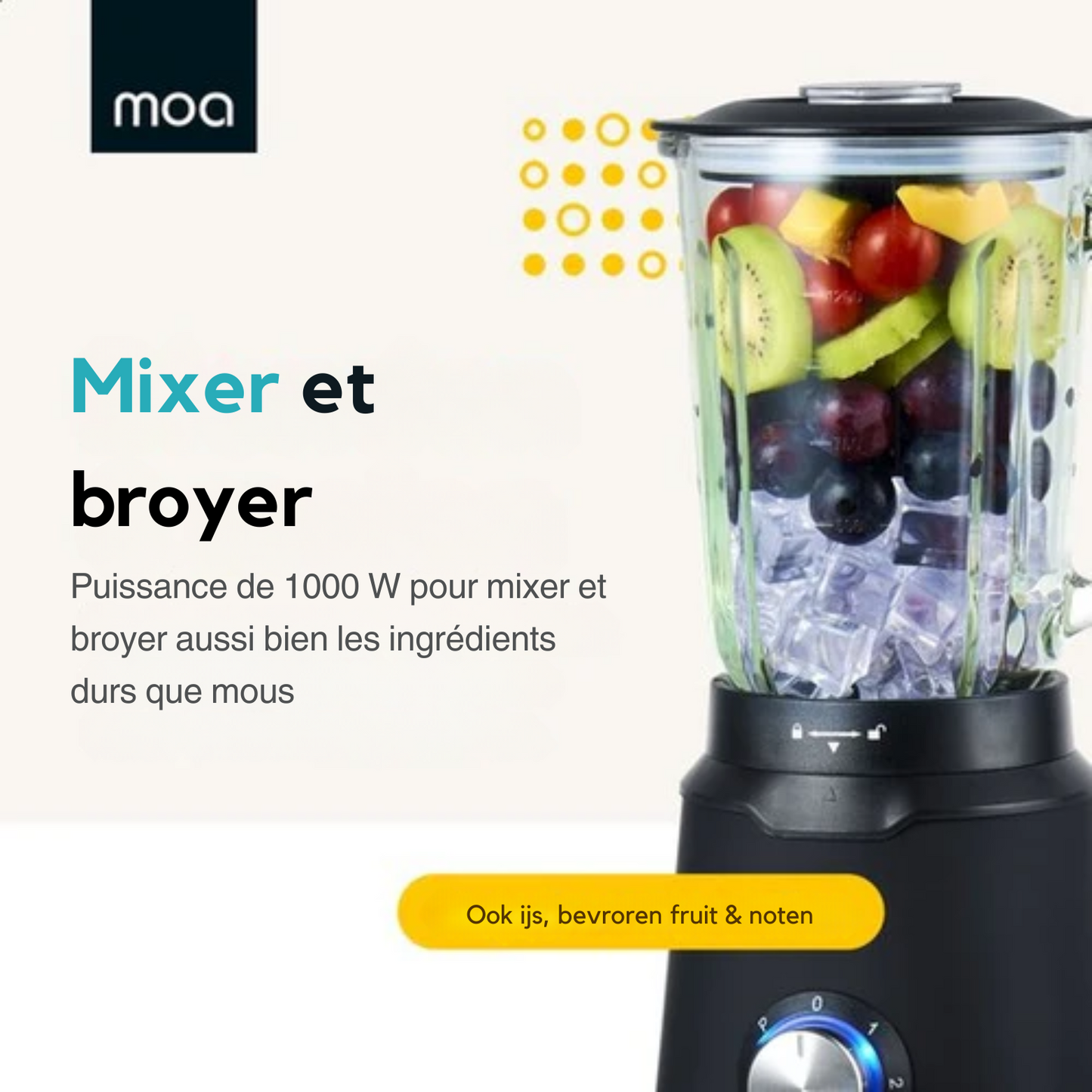 Blender - MOA - 1000W - Pichet en verre 1,5L - 3 vitesses + Pulse - Acier inoxydable
