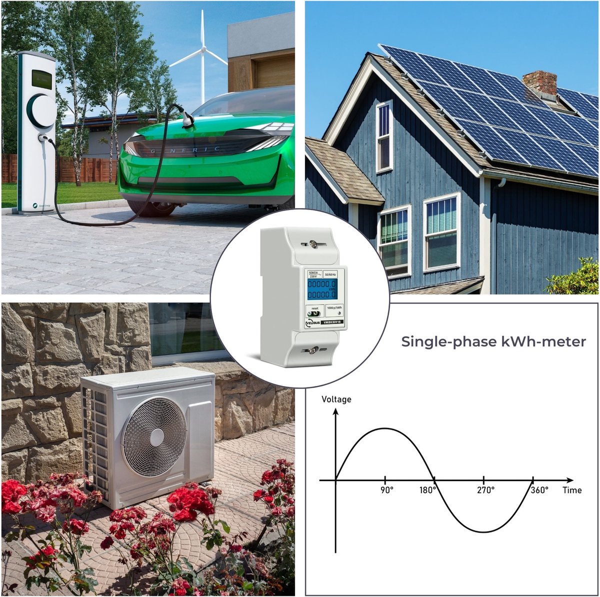 Velleman - Compteur kWh professionnel - monophasé - montage sur rail DIN - 80A - avec compteur journalier réinitialisable - affichage LCD - pour panneaux solaires et chargeurs