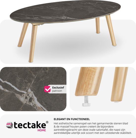 tectake® Coffee Table | Living Room Table, Oval Coffee Table with Wooden Legs | Marble Look | Weatherproof Side Table for Living Room, Terrace, Garden or Balcony - natural